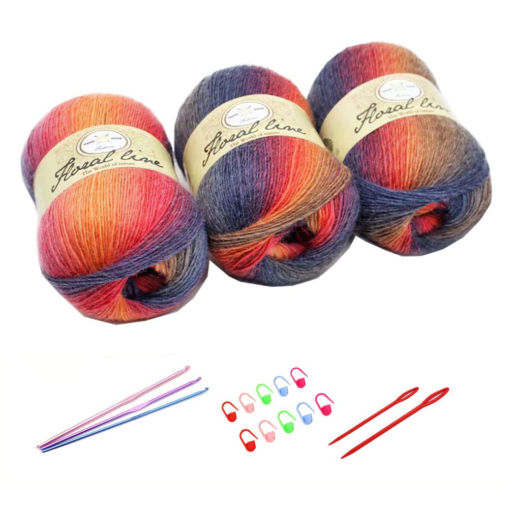 3X 100g Rainbow Wool Yarn Balls Chunky Knit Double Pom Pom Coloured Chunky Wool with 3 Crochet Hooks, 2 Needles, 10 Crochet Locking Stitch Markers for Beginners (208)