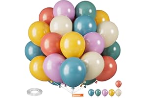 Saxuxu Retro Colorful Balloons, 12 Inch Vintage Color Balloons, Retro Blue Red Purple Yellow White Latex Helium Balloon for 80s 90s Theme Birthday Wedding Baby Shower Festival Carnival Decorations