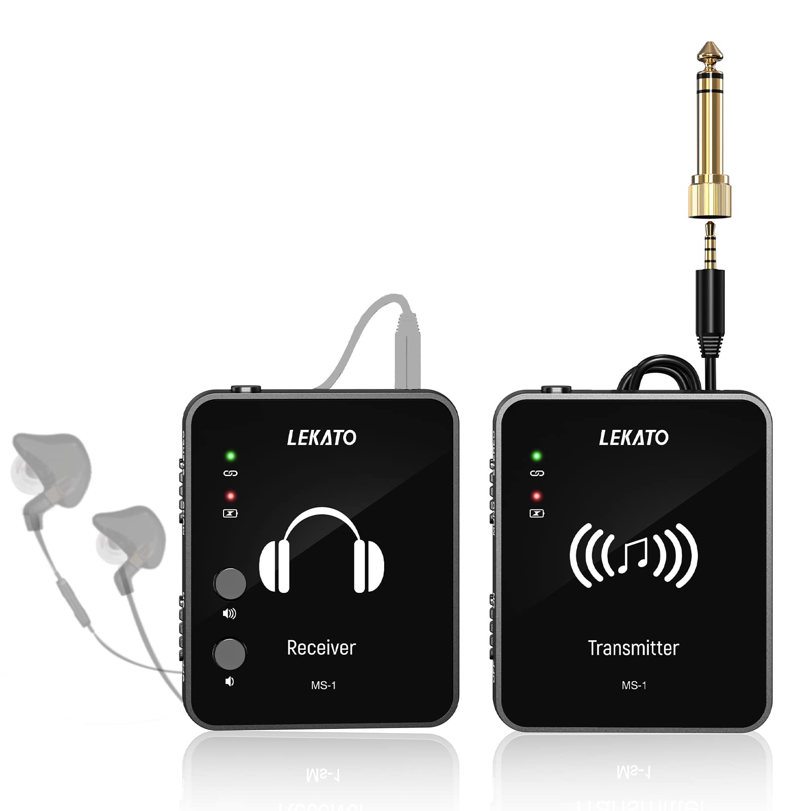 LEKATO MS-1 Wireless in-Ear Monitor System Transmitter and Beltpack Receiver Automatic Pairing 2.4GHz Wireless IEM System for Studio, Band Rehearsal, Live Performance (Black)