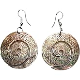 Swimmi Hand Carved Ethnic Design Maori Peace Pendant Mother of Pearl Earrings for Women, Dangle Drop Tribal Seashell Earrings EA308-A