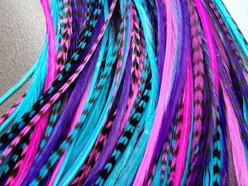 Feather Hair Extensions, 100% Real Rooster Feathers, Long Pink, Purple, Blue Colors, 20 Feathers with Bonus FREE Beads and Loop Tool Kit