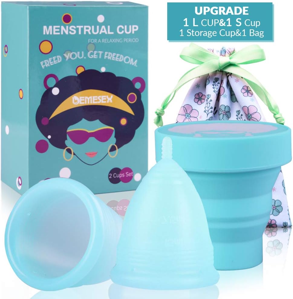 Menstrual Cup (1Large+1Small Cup+1Storage Cup +1Storage Bag) Period Cup for Heavy&Light Flow Soft and Reusable Moon Cup Tampons and Pads Alternative (Blue)