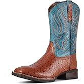 SUREWAY FULL QUILL OSTRICH Cowboy Boots For Men -Mens Square Toe Embroidery Western Boot,Oil/Slip Resistant,Durable Classic Pull on 10 Inch Wellington Boots - Soft Toe Full Grain Leather Work Boots