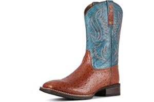 SUREWAY FULL QUILL OSTRICH Cowboy Boots For Men -Mens Square Toe Embroidery Western Boot,Oil/Slip Resistant,Durable Classic Pull on 10 Inch Wellington Boots - Soft Toe Full Grain Leather Work Boots