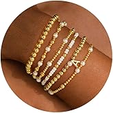 Turandoss 6PCS Beaded Initial Bracelets for Women Girls - 18K Gold Plated Beaded Initial Letter Bracelet Initial A-Z Stretch Bead Stackable Bracelet Jewelry Gifts for Her