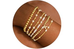 Turandoss 6PCS Beaded Initial Bracelets for Women Girls Jewelry Gifts - 18K Gold Plated Beaded Initial Letter Bracelet for Girls Women Initial A-Z Stretch Bead Stackable Bracelet Jewelry Set Gifts