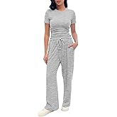 TFNOSIZE 2 Piece Pajama Set for Women with Pockets, Short Sleeve Ruched Top, Wide Leg Pants with Drawstring, Soft Loungewear