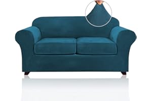 PrinceDeco Velvet Stretch 3 PCS Loveseat Covers for 2 Cushion Couch Loveseat Slipcovers (Base Cover & 2 Individual Seat Cushi