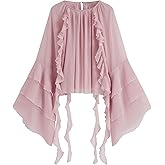 CIDER Womens Blouse Dressy Casual Crew Neck See Through Ruffle Hem Bell Sleeve Loose Fit Chiffon Blouse