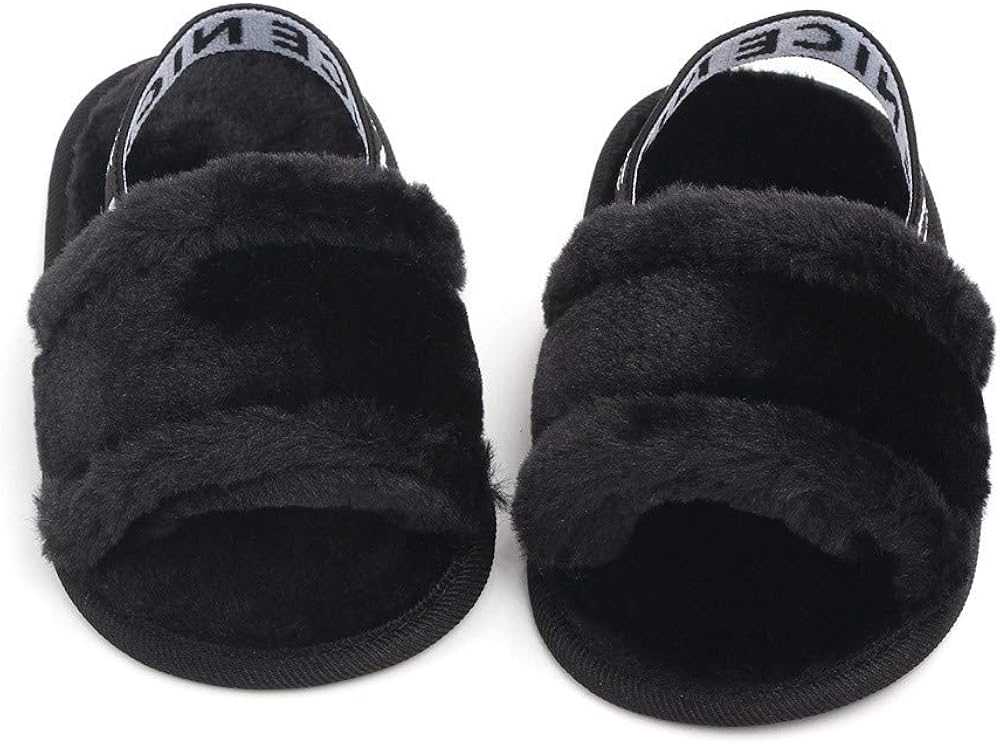  | Meckior Infant Baby Girls Sandals Faux Fur Slides with Elastic Back Strap Flats Slippers Princess Dress First Walker Moccasins Shoes | Sandals