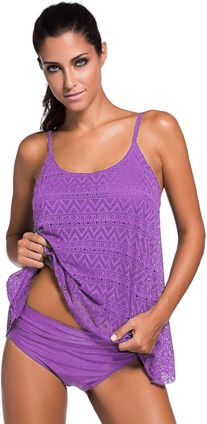 Womens Tankini Swimwear Two Piece Skirt Solid Color, High