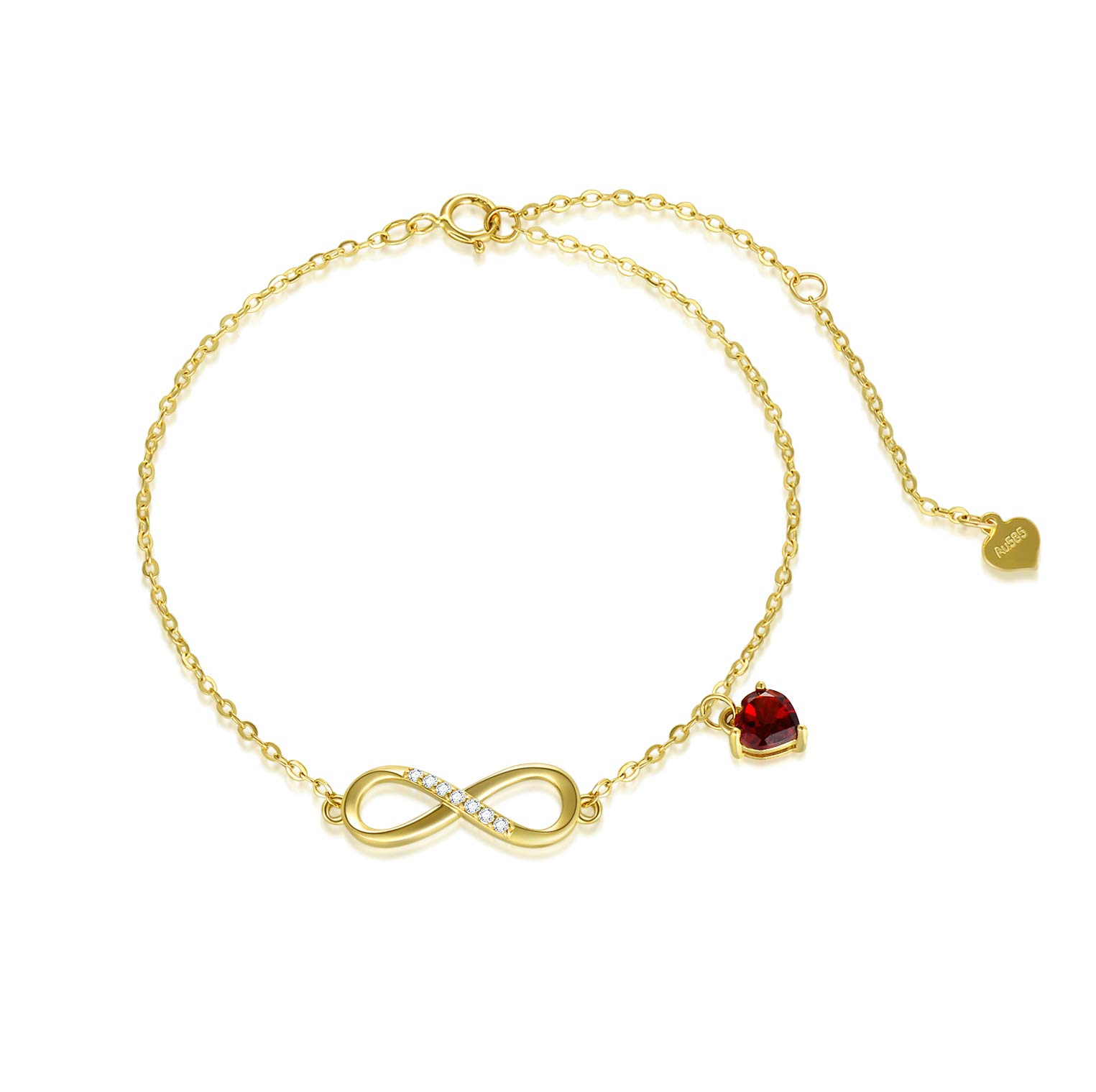 SISGEM Women's Gold Infinity Bracelet, 9ct Solid Gold Infinity Chain Bracelets with Red Heart Cubic Zirconia, for Her Ladies Mum Sister Friends, 6.5+1+1inch