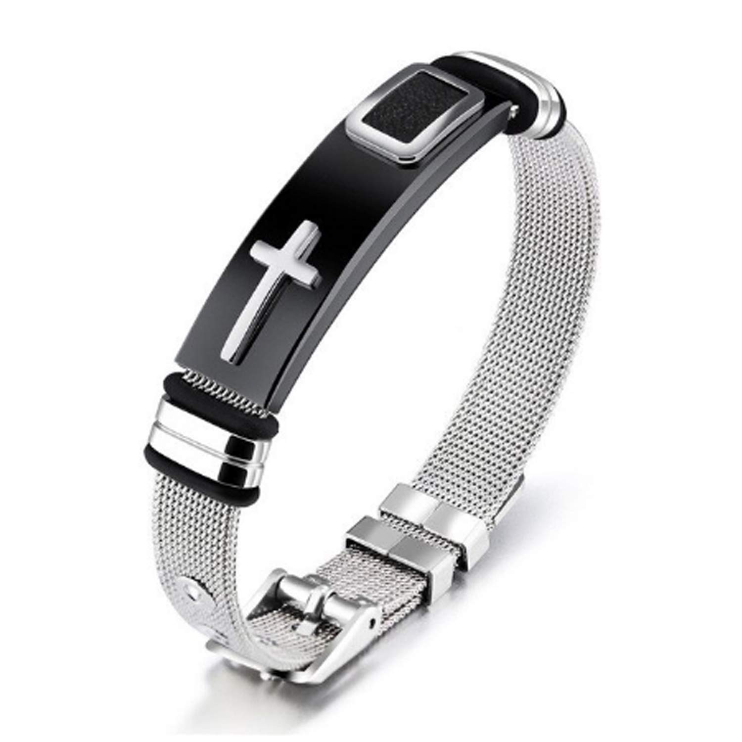 IzuBizu London Men Stainless Steel Silver & Black Cross Mesh Strap Band Religious Bracelet Fashion Accessory Birthday Easter