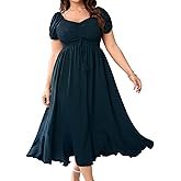 SCOMCHIC Womens Plus Size Summer Maxi Dress Ruched Front Square Neck Smocked Flowy A Line Formal Wedding Guest Dresses