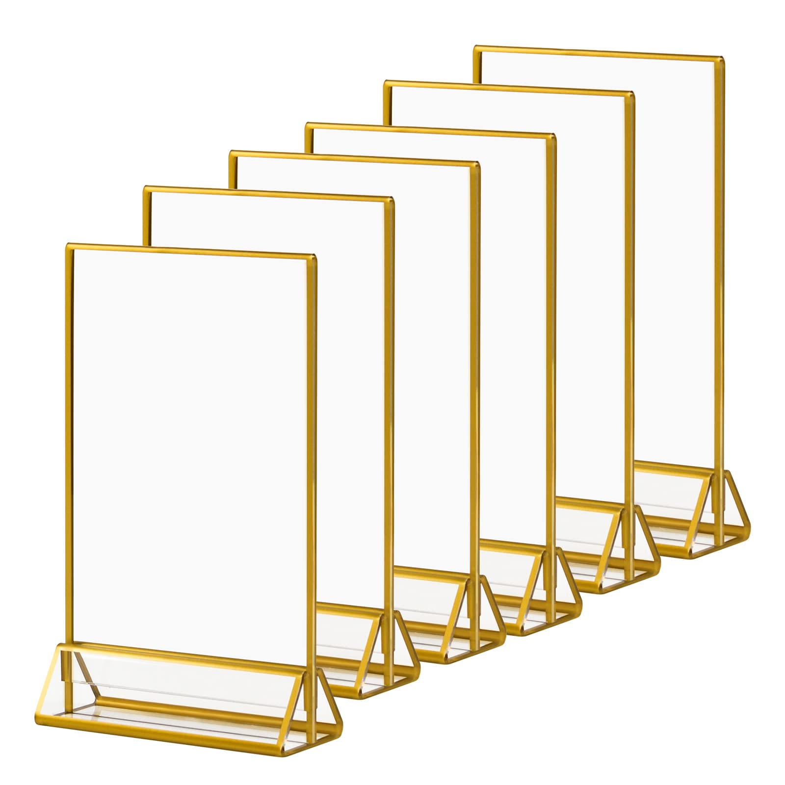 LILEZBOX 6 Pack Clear Acrylic Sign Holder with Gold Borders and Vertical Stand,Clear Easel Table Stands for Signs,for Wedding Table Number, Restaurant Sign, Photo Display, Menu Holder (5x7 inch)