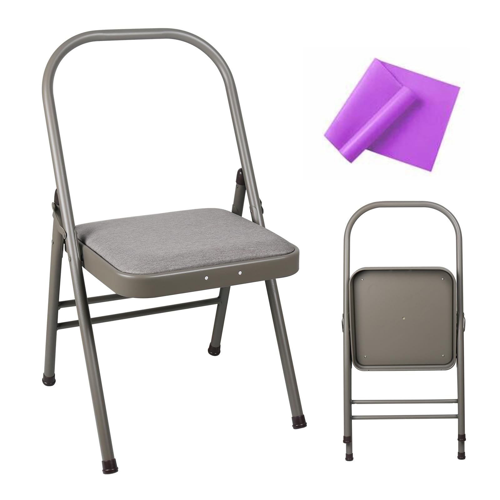 Photo 1 of INNOLIFE Yoga Auxiliary Chair Foldable Backless Yoga Chair with Purple Yoga Resistance Band for Abs & Core, Flexibility and Strength Training and Back Pain Relieving (Gray)
