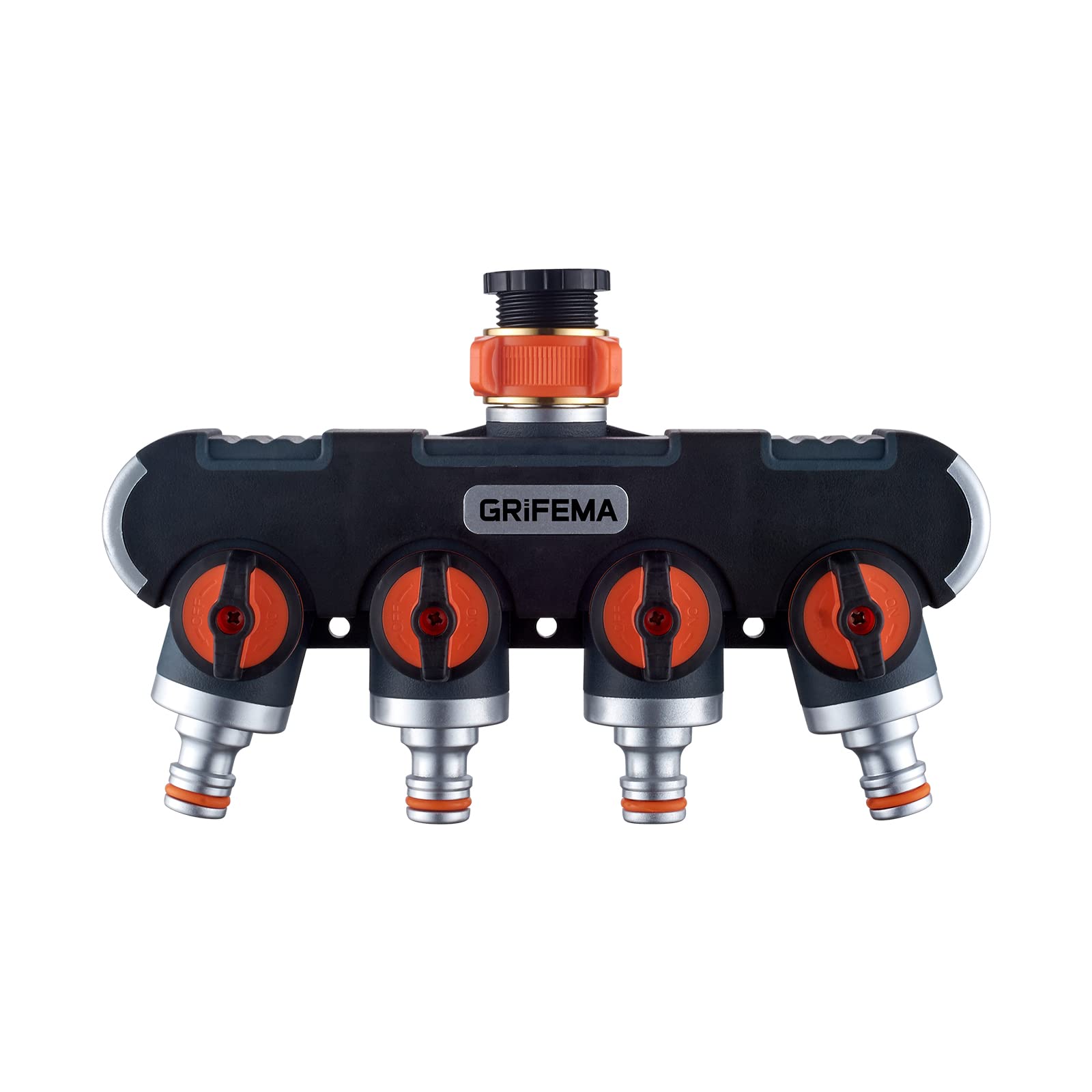 GRIFEMA GE1401-4 Garden Hose Splitter 4 Way, Double Tap Distributor, 3/4" and 1/2" Tap, Orange / Black