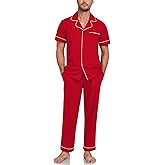MAYFISH Mens Pajamas Set 100% Cotton Men's Short Sleeve Long Pants Sleepwear Soft Loungewear Button Down 2 Pieces Pjs Set