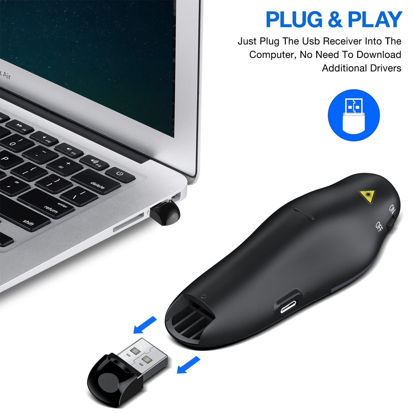 Rechargeable Presentation Clicker Wireless Presenter Remote USB Control Powerpoint PPT Clicker, Red Laser Pointer RF 2.4GHz Presenter Remote Slide Advancer for Computer/Laptop/Mac/Keynote