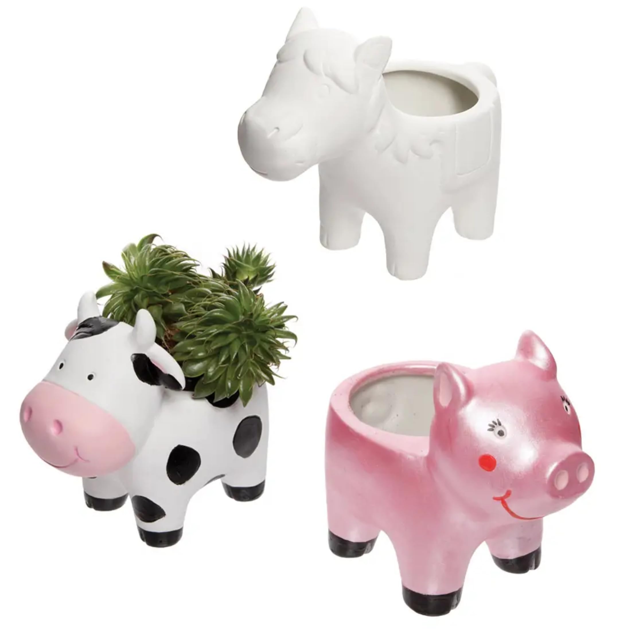 Baker Ross FE548 Farm Animal Ceramic Flowerpots - Box of 3, Paintable Creative Art and Craft Projects for Kids to Make, Personalise and Decorate, white
