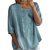 Cotton Linen Shirts for Women Trendy Retro Embroidered 3/4 Sleeve Boho Blouse Dressy Casual Bohemian Tops Loose Tunics