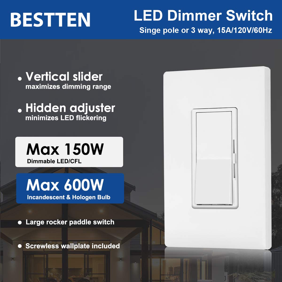 [10 Pack] BESTTEN Dimmer Light Switch, Single Pole or 3 Way, for Dimmable LED Lights, CFL, Incandescent, Halogen Bulbs, Precise Lighting Control, Screwless Wallplate Included, UL Listed, White: Industrial & Scientific