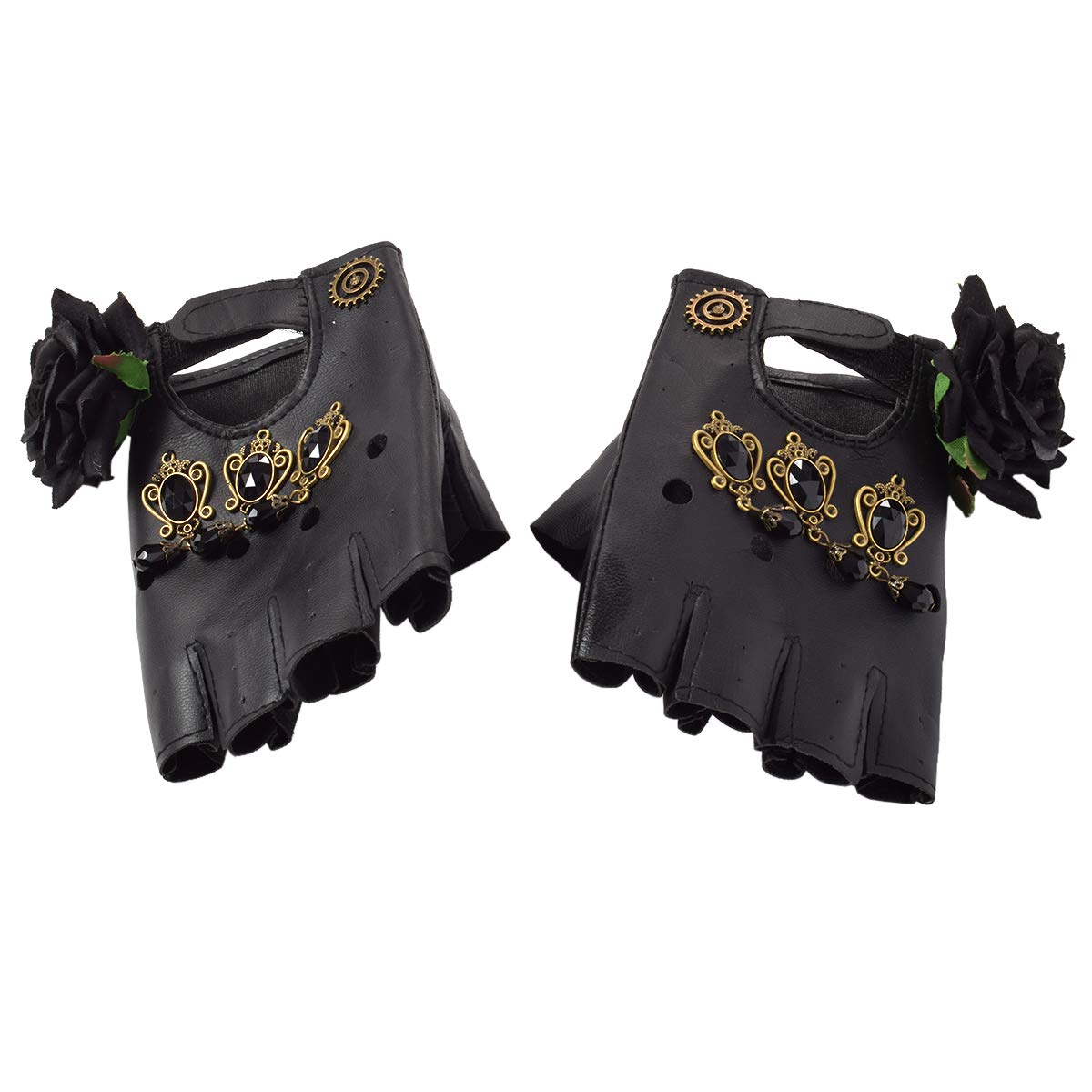 COSDREAMER Women Steampunk Gears Rose Fingerless Gloves Punk Gothic Mittens (red) (Black)