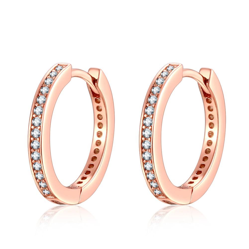 Qings 925 Sterling Silver Earrings, Rose Gold Small Hoop Stud Earrings with Cubic Zirconia Simulated Diamond Gifts for Lady women Girls
