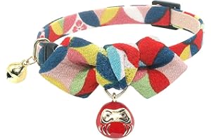 PetSoKoo Diamond Shaped Bowtie Cat Collar with Bell.Japan Lucky Daruma Charm and Cloisonne Print Crepe Fabric.Safety Breakaway.Soft,Lightweight,(Medium,Red)