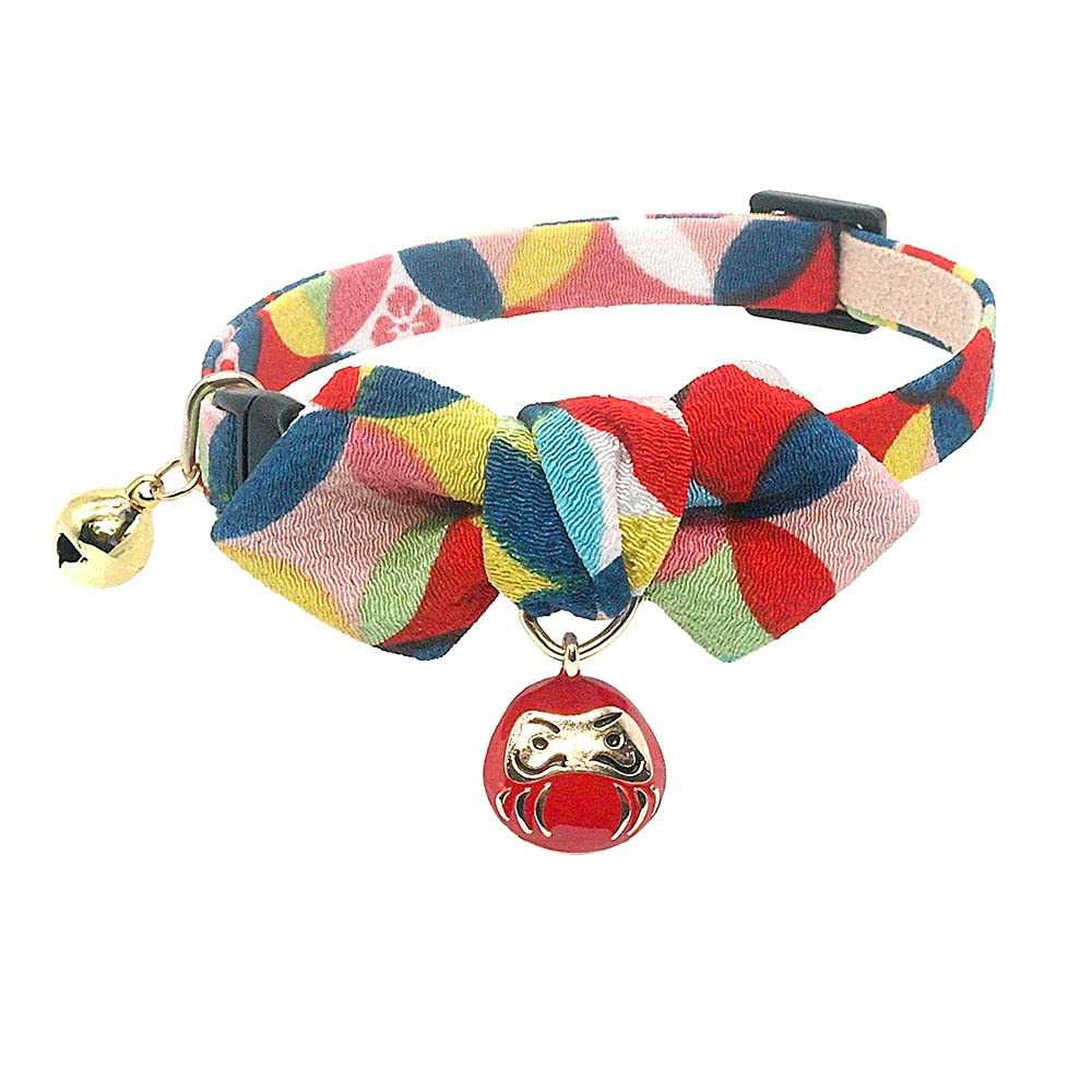 PetSoKoo Diamond Shaped Bowtie Cat Collar With Bell.Japan Lucky Daruma Charm and Cloisonne Print Crepe Fabric.Safety Breakaway.Soft,Lightweight,(Small,Red)