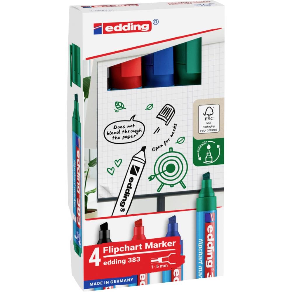 edding 383 flipchart marker - set of 4 - multi-coloured - chisel nib 1-5 mm - marker for writing, drawing and marking on flipchart paper - does not bleed through - does not dry out - colour intensive