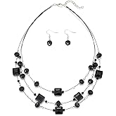 Layered Silver Beaded Necklace for Women Square Crystal Beads Statement Collar Necklace and Earrings Fashion Costumes Jewelry Sets for Women