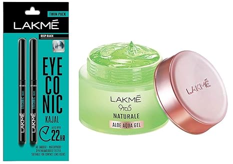 Lakme Eyeconic Kajal Twin Pack, Black, 0.35g with 0.35g & Lakme 9 to 5 Naturale Aloe Aquagel, 50g