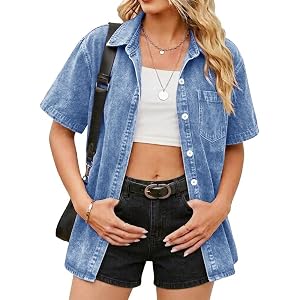 Short Sleeve Denim Shirts for Women Lightweight Oversized Jean Jacket | Vintage washed short sleeve denim shacket with chest
