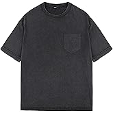 Arssm Men Oversized T-Shirts Pocket Short Sleeve Acid Washed Heavy Cotton Vintage Tops Loose Fit Casual Basic Unisex Tee