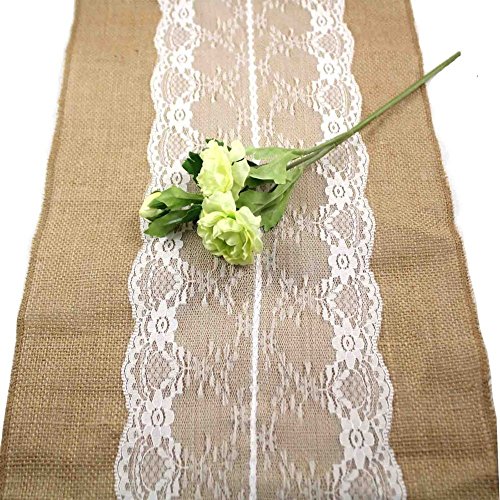 CCTRO Lace Hessian Table Runner, Rustic Natural Jute Country Outdoor Wedding Party Vintage Ivory Burlap Table Cloths Decoration 12x108 inches (2PCS C) - Thumbnail 3