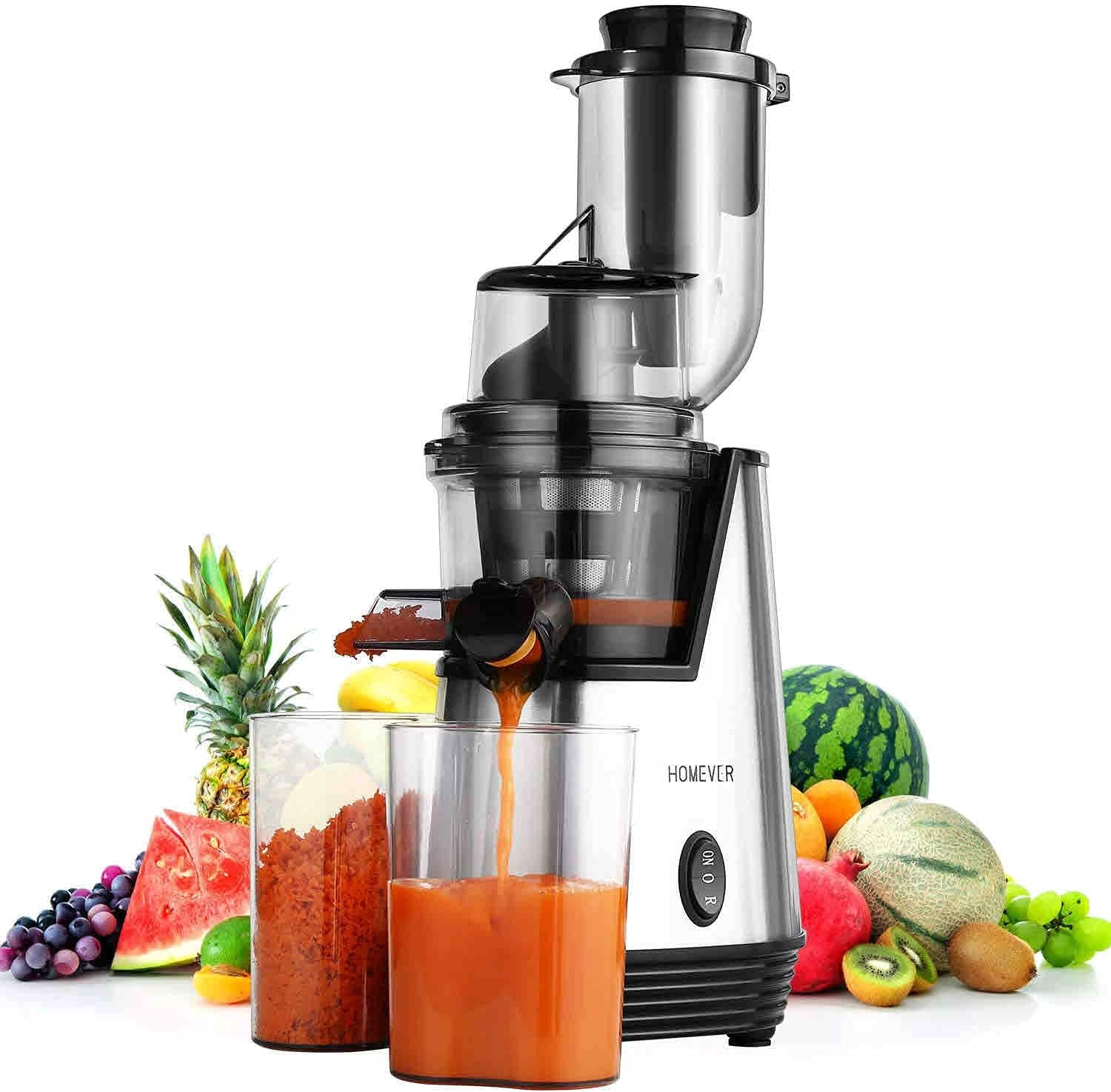 Juicer Machines, Homever Slow Masticating Juicer for Fruits and Vegetables, Quiet Motor, Reverse Function, Easy to Clean High Nutrient Cold Press Juicer Machine with Wide Big Feeding Chute, Stainless Steel Base