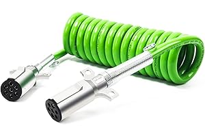 Ailbiuko 12ft 7 Way ABS Cord Coiled Electrical Power Cords Heavy Duty Green Coil Cable Power Wire for Semi Trucks Trailer Tractors