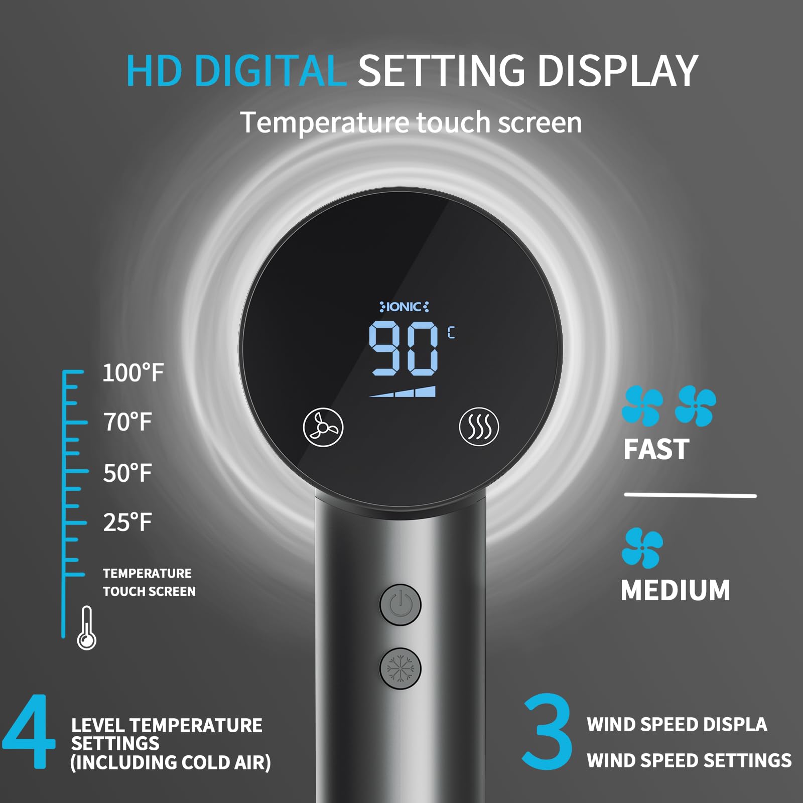 BAMCOO Föhn Fön Haartrockner Ionen Föhn Hair Dryer 1500W HD Display Temperatur Touchscreen ionen haartrockner 4 Temperaturstufen & 3 Geschwindigkeitsstufen (Grey) 4