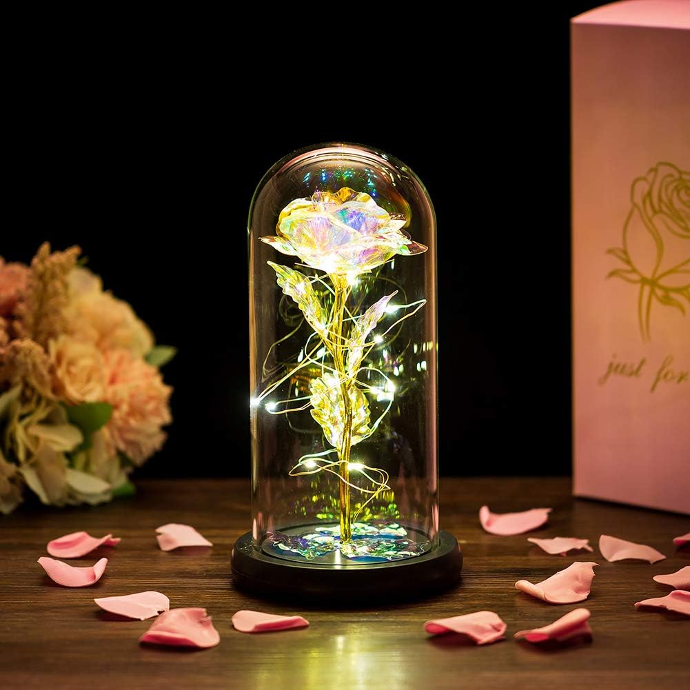 Beauty and the Beast Rose in Glass Dome Forever Rose Flower Kit Enchanted Light Best Gifts for Her Women Girls Adults Mums on Valentine Mothers Day Wedding Anniversary Birthday