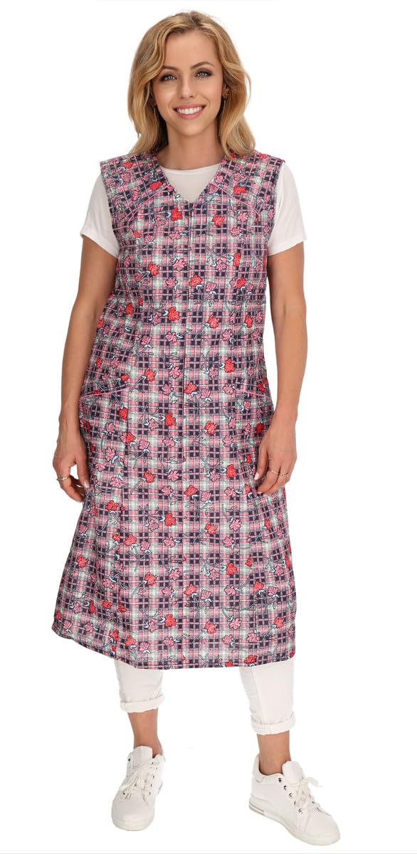 Zip Gown Zip House Dress Cotton Apron Cooking Apron, chequered red, 44