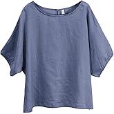 Amazhiyu Women's 100% Linen 3/4 Sleeve Shirts Crew Neck Blouse Tops Loose Fit
