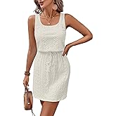 Acelitt Spring Summer Tank Dresses for Women 2026 Hollow Out Textured Drawstring Mini Dress