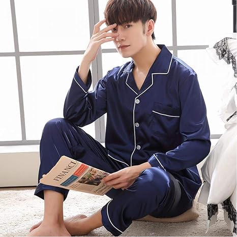 Amazon Co Jp メンズパジャマシャツパンツ睡眠パジャマスーツ長袖パジャマ春と秋シルキー ホーム キッチン