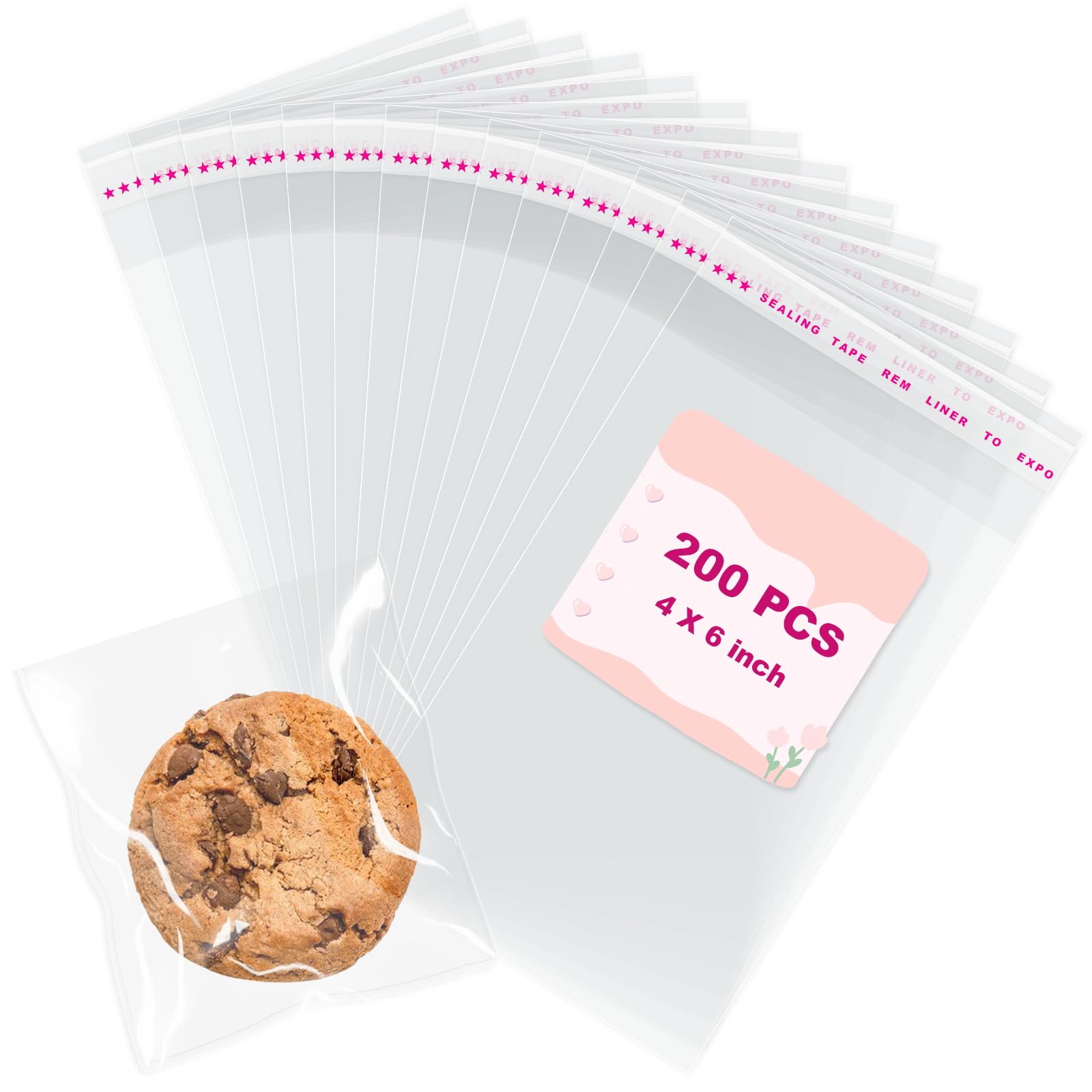 Photo 1 of 200 PCS Cookie Bags, 4x6 Inch Clear Cellophane Bags, Self Sealing Cellophane Treat Bag, Resealable Plastic Individual Wrappers Bag for Packaging Cookies, Gift Giving, Candy, Party Favors, Bakery