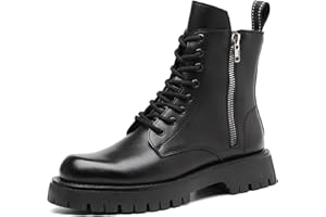 HDEBCK Men's Black Leather Platform Lace-up Combat Boots Retro Round Toe Side Zip Chunky Heel Non-Slip Lug Sole High Top Motorcycle Boots