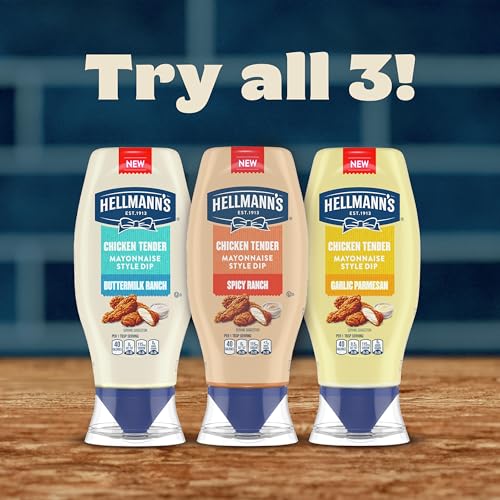 HELLMANN’S GARLIC PARMESAN CHICKEN TENDER MAYONNAISE STYLE DIP GARLIC PARMESAN DELICIOUS FLAVOR NO ARTIFICIAL FLAVORS 11.5 FL OZ