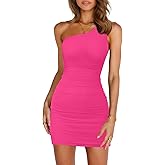 oten Women's Sexy One Shoulder Ruched Bodycon Sleeveless Mini Cocktail Club Party Short Dresses