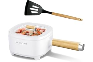 Audecook Hot Pot Electric 2L, Cermic Glaze Non-Stick Frying Pan 8 Inch, Portable Travel Cooker for Ramen/Steak/Fried Rice/Oatmeal/Soup, with Dual Power Control (Silicone Spatula Included)
