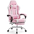 Elevon Ergonomic Video Game Computer Chairs with Footrest & Comfortable Lumbar Support,Height Adjustable Reclining Chair in PU Leather with Headrest and Fixed Armrests, 360° Swivel, White&Pink